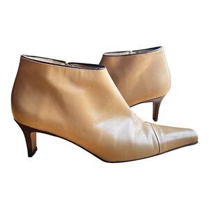 Italian Leather Ankle Bootie Camel TanPointed Square Toe Wood Kitten Heel 8M